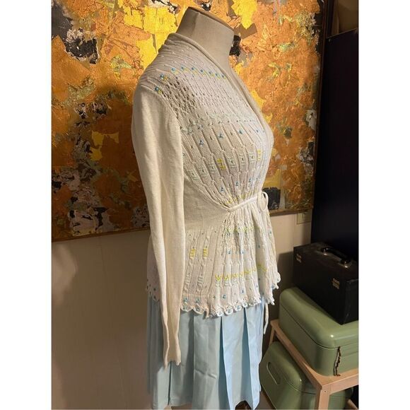 Anthropologie Moth Lazuli Beaded White Tie Front Linen Blend Cardigan Sweater S - Picture 6 of 13
